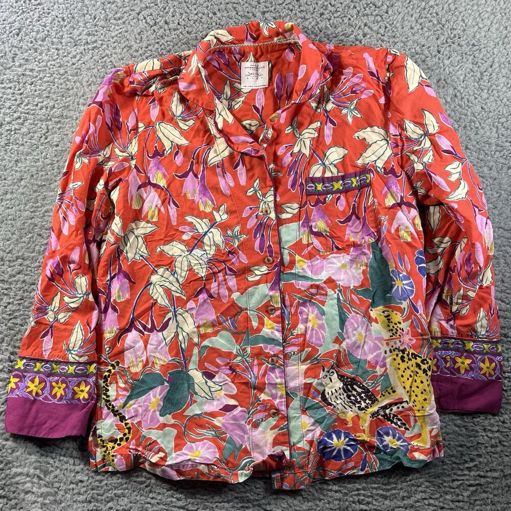 Anthropologie Lil Sire Button Down Shirt Large Floral Leopard Print Whimsical